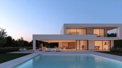 Fototapeta premium Modern villa with a pool at twilight, elegant design, tranquil environment.
