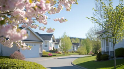 Obraz premium Peaceful suburban street with blooming trees and well-kept houses in spring.