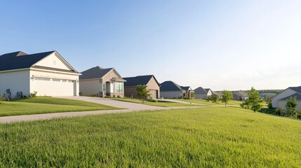 Obraz premium Quiet suburban homes on a sunny day with green grass and clear blue sky.