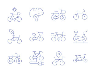 Bicycle icons. Thin Line style, editable stroke. bike, cycling, stationary bike, bicycle, electric bike, helmet