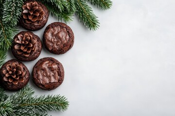 Bowl of chocolate pinecones with evergreen branches on a neutral background.