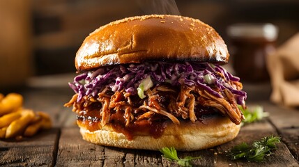 Slow Cooked Pulled Pork Sandwich with Coleslaw on a Rustic Wooden Table  Delicious Comfort Food in a Southern Style