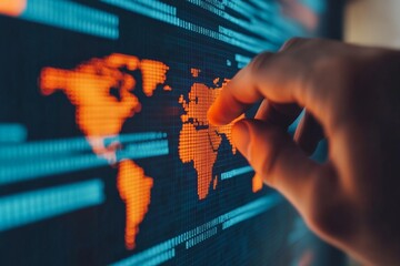 Businessman interacting with a digital world map, touching virtual points and controlling global network connections.