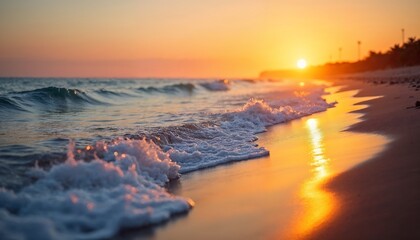 Naklejka premium A serene beach scene during the golden hour, with soft waves and a sun setting over the horizon