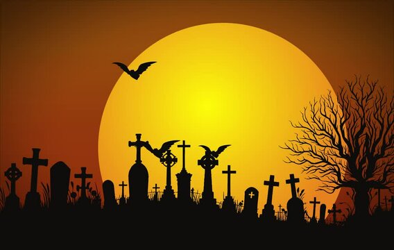 2d animation The silhouette of a cemetery, against an orange sky and a setting sun.
