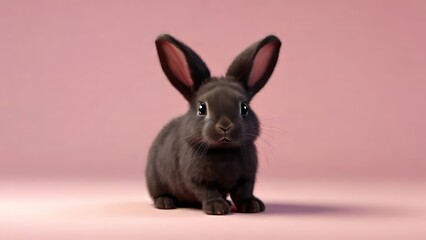 Fototapeta premium Black rabbit on a pink background, Cute Easter bunny