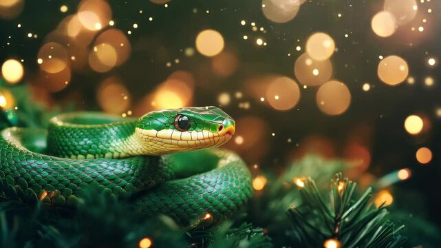 Green snake resting among tree branches, shimmering Christmas-themed background