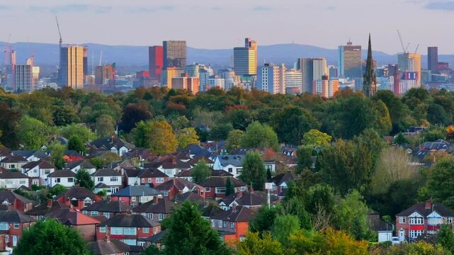 Manchester city skyline and surrounding residential areas from the vantage point of Heaton Park.