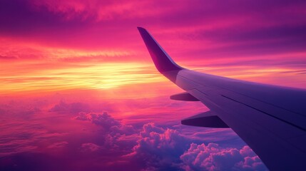 Fototapeta premium A breathtaking view from an airplane window during sunset, featuring a wing against a canvas of vibrant, colorful sky, creating a sense of wonder and adventure.