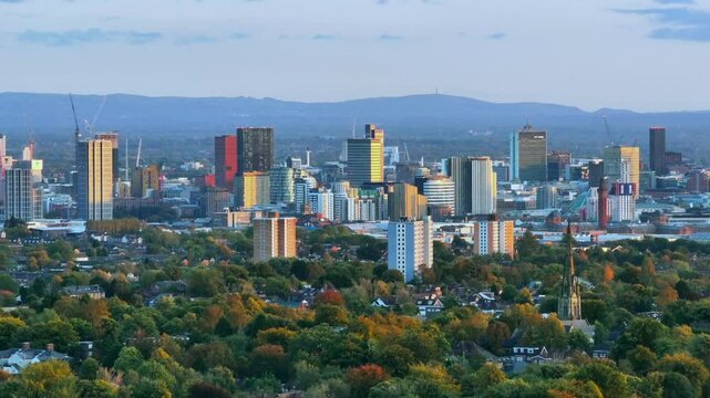Manchester city skyline and surrounding residential areas from the vantage point of Heaton Park.