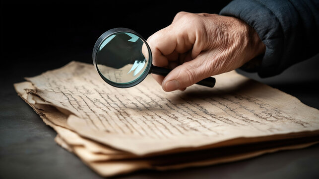 Close-up of a hand holding a magnifying glass examining aged, handwritten documents on a table for study or investigation purposes.