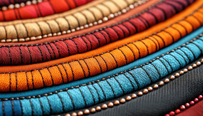 Colorful textile patterns arranged in rows on a textured surface.