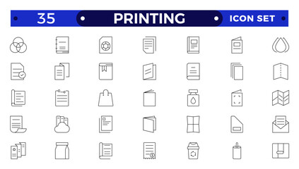 Set of outline Printing icons. Brochure, business card, flyer, magazine, postcard, poster, banner, rollup, sticker, mug, folder, other printout shop products. Promotion print advertising materials.
