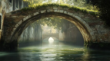 A Stone Bridge Over a Mist-Shrouded Canal in Venice, Italy