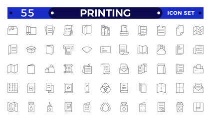 Set of outline Printing icons. Brochure, business card, flyer, magazine, postcard, poster, banner, rollup, sticker, mug, folder, other printout shop products. Promotion print advertising materials.