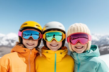 A family of three, dressed in colorful ski gear, stands on a snow-covered mountain slope with a breathtaking view of snowy peaks in the background. 