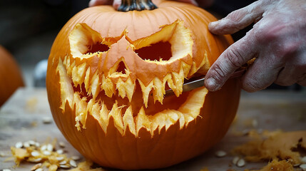 Hands cutting a Halloween pumpkin making a scary face
