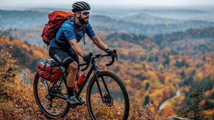 Mountain Commuter: Rider Navigating Wilderness Trail on Bike Amidst Autumn Hues.