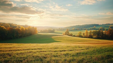 Fototapeta premium A countryside landscape with fields and trees bathed in warm daylight