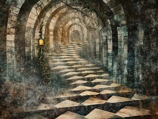 Fototapeta premium A mysterious, winding staircase illuminated by a lantern, surrounded by archways and textured walls, evokes a sense of adventure and exploration.