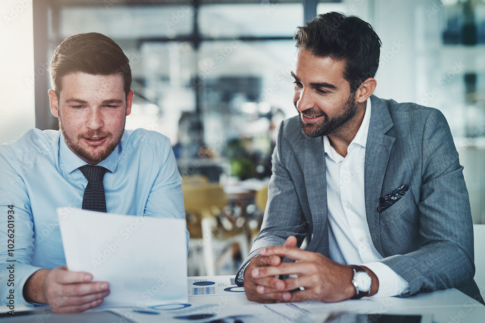 Poster business people, men and meeting with documents in office for data analysis on company stats and web