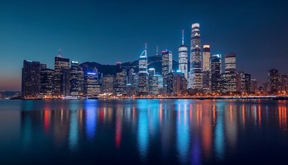 Fototapeta premium A vibrant city skyline at night, with skyscrapers illuminated and reflections on the water