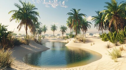 Fototapeta premium A desert oasis with palm trees and a small water body surrounded by sand