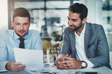 Business people, men and meeting with documents in office for data analysis on company stats and website traffic performance. Finance team, smile and paperwork for kpi growth, sales profit and review