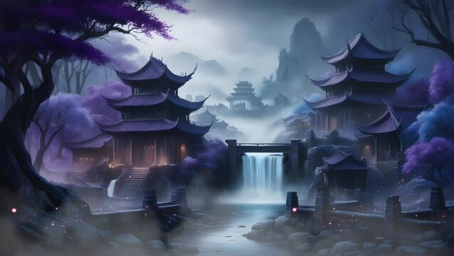 A temple with a fairytale waterfall. Seamless 4K looping timelapse video animation background