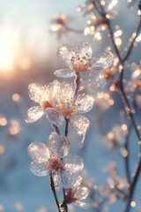 A close up of a branch with a few flowers on it. The flowers are frosted and the branch is covered in ice. The image has a serene and peaceful mood, as the flowers are delicate