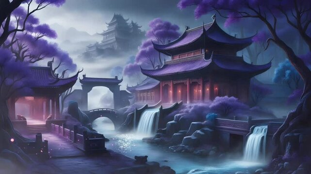 A temple with a fairytale waterfall. Seamless 4K looping timelapse video animation background