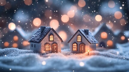 Fototapeta premium A cozy village scene featuring small illuminated houses blanketed in snow, set against a bokeh background of twinkling lights, creating a magical winter atmosphere.
