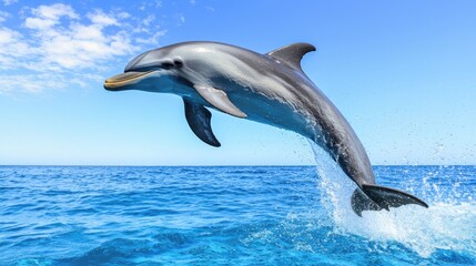 Obraz premium A dolphin leaping out of the water against a clear blue sky