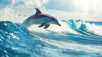 Fototapeta premium A dolphin riding the waves near a sandy beach with gentle surf