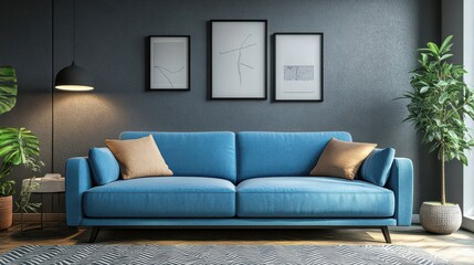 Modern Living Room with Blue Sofa and Plants