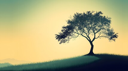 Obraz premium A Single Tree Silhouetted Against a Sunset Sky with Grass and Distant Hills