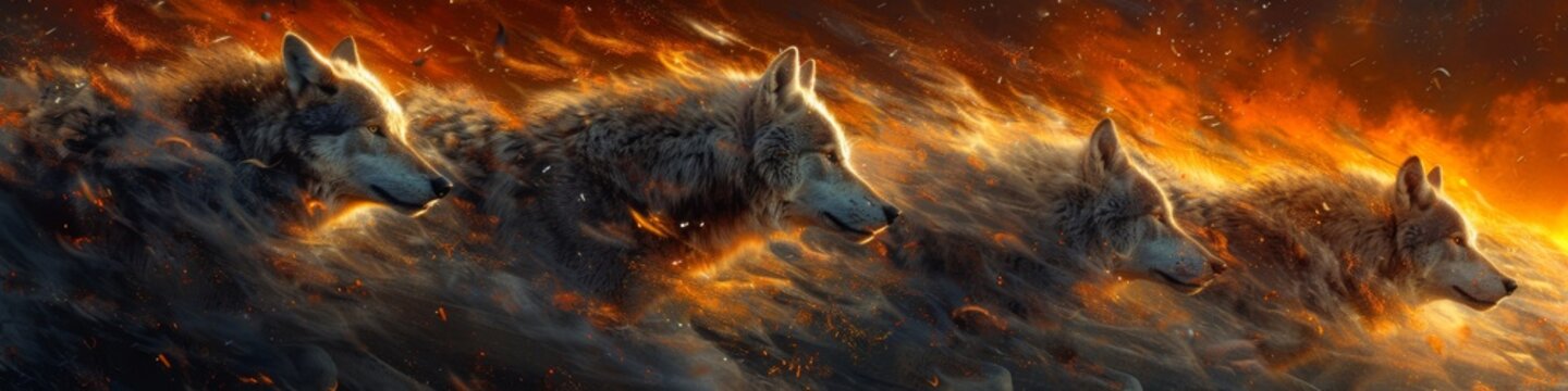Four wolves running through fire and smoke