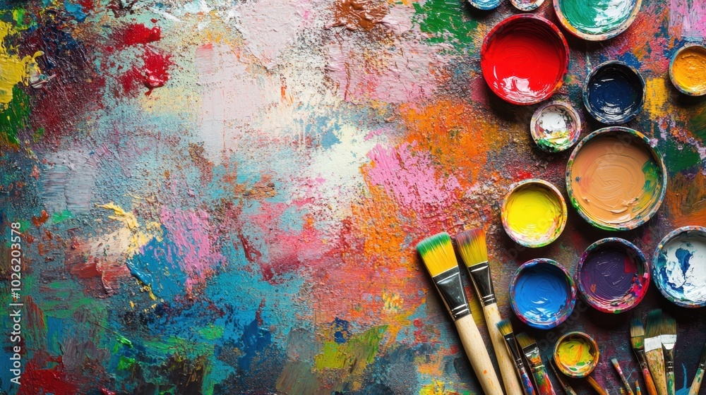 Poster a dynamic abstract background featuring colorful paint splashes and an array of art supplies, design