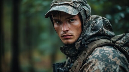 Obraz premium A man in camouflage gear is standing in a forest