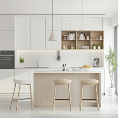 Fototapeta premium Cucina moderna minimalista, caratterizzata da linee pulite e tonalità neutre. Luminosa e spaziosa, perfetta combinazione di estetica e funzionalità.