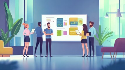 Business team in a modern office discussing a project on a digital whiteboard.