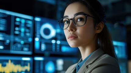 A focused businesswoman analyzing multiple live feeds on digital screens in a high-tech operations center, showcasing the integration of technology and decision-making.