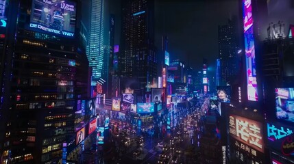 A cityscape with neon lights and signs