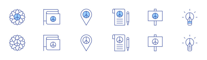 Peace icon set in two styles, Duotone and Thin Line style. Editable stroke. peace and spirituality, dove, freedom of belief, peace flag, holistic wellness