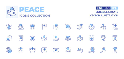 Peace icons collection. Line Duotone style, editable stroke. peace activism, grassroots movements, social change, advocacy campaigns, human dignity
