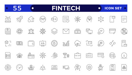 Fintech outline icon set. Containing digital banking, cryptocurrency, mobile payment, regtech, blockchain, robo-advisors, financial services and more.