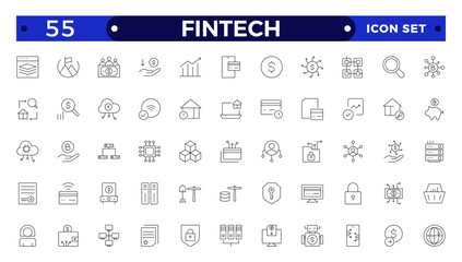 Fintech outline icon set. Containing digital banking, cryptocurrency, mobile payment, regtech, blockchain, robo-advisors, financial services and more.