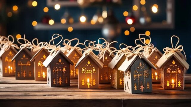 Christmas advent calendar in the form of houses. Eco friendly Christmas gifts diy.Christmas gifts and holiday traditions concept. Banner