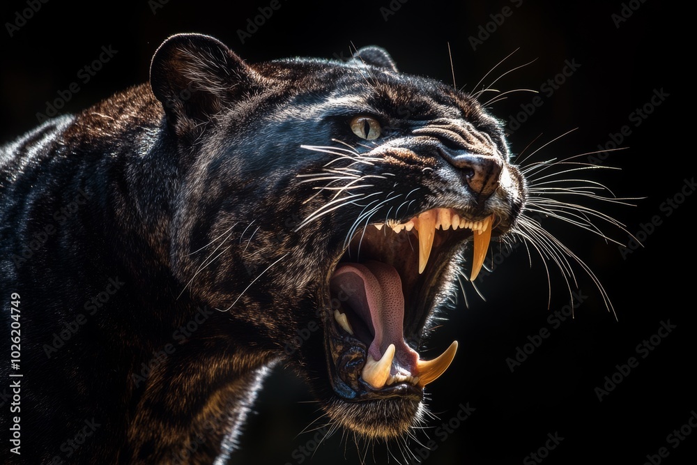 Wall mural black panther roaring with open mouth and sharp teeth