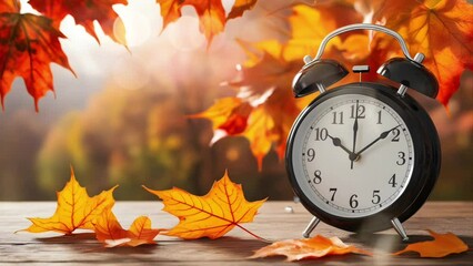 A clock sits on a wooden board during autumn. Seamless 4K looping timelapse video animation background - Powered by Adobe